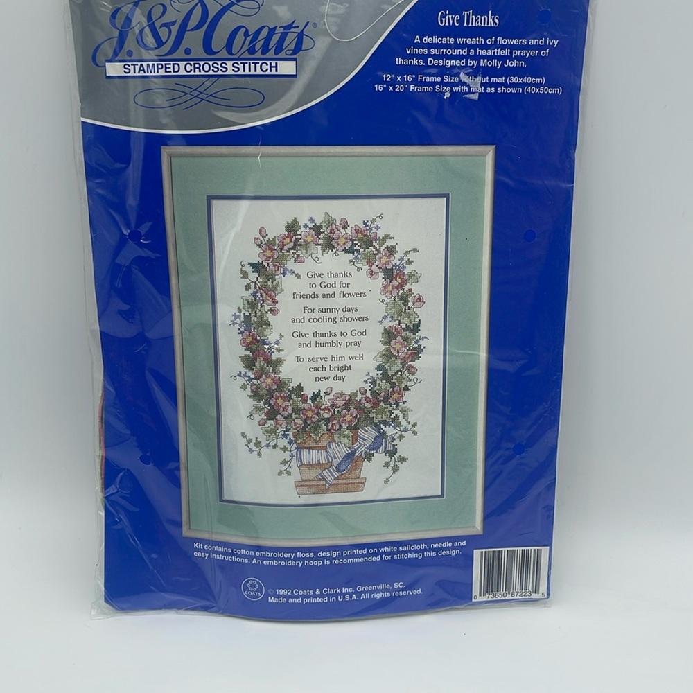 J & P Coats Stamped Cross Stitch Kit Give Thanks Religious 12 x 16 NEW